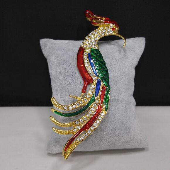 Vintage Large "Bird of Paradise" Brooch, Bright Enamel, Clear Rhinestones, 1990s - Picture 4 of 10